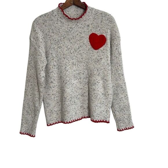 Mock Neck Speckled Ribbed Crochet Heart Pullover Sweater Light Gray Red Medium - Picture 1 of 7